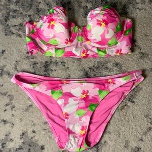 Gilly Hicks Pink Tropical Print Strapless Bikini